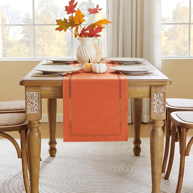 Orange Burlap Table Runner, Fall Table Runners 108 inches Long | Double Layer - Image 2