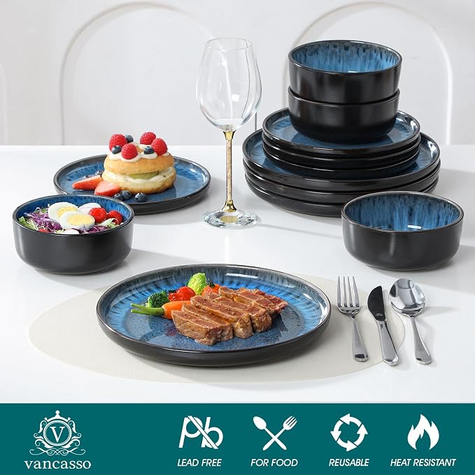vancasso PLAYA Plates and Bowls Sets, 12 Pieces Blue Dinnerware Sets - Image 3