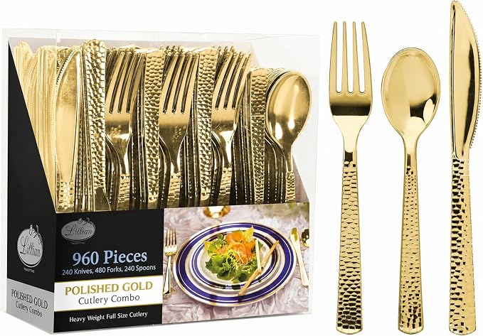 960 Piece Gold Plastic Silverware, Extra Heavyweight Disposable Cutlery Set by Lillian