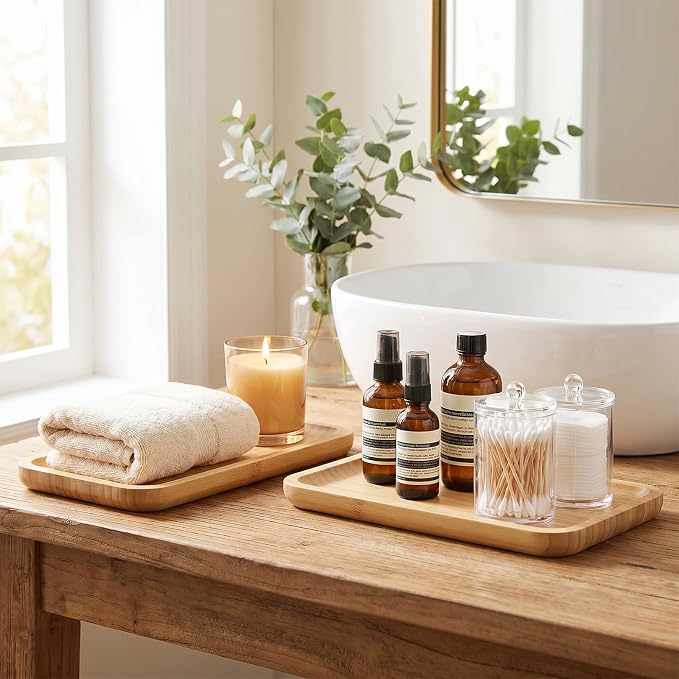 6 Pcs Bamboo Vanity Tray Set for Counter, Natural Bamboo Tray for Bathroom - Image 3