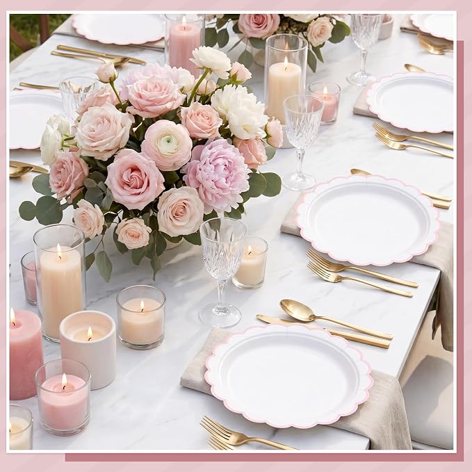 NatNarr 30 Pk Pink Paper Plates 7" Scalloped Pink White Dessert Cake Plates | - Image 6