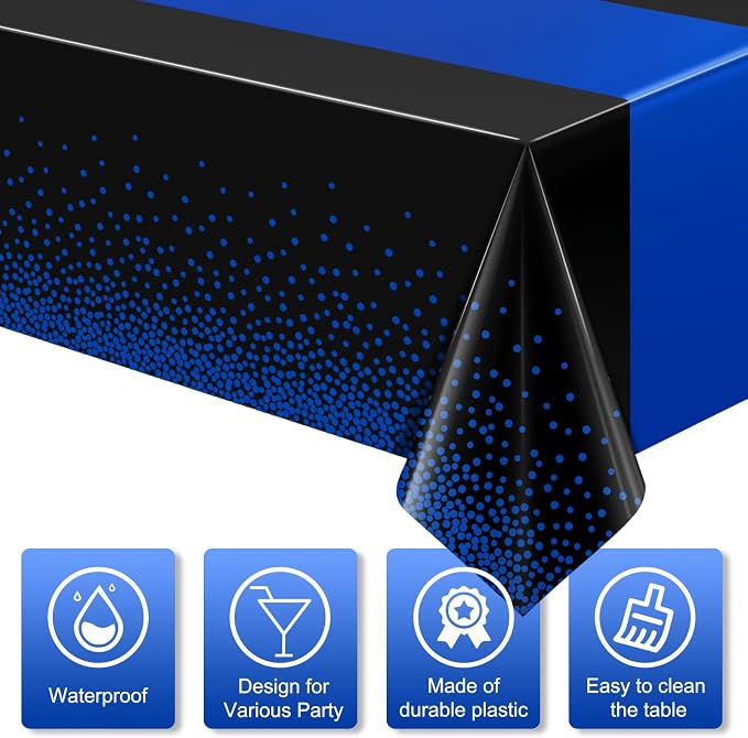 MASHAN 12Pcs Black and Blue Tablecloth Party Decorations, Plastic Black Table - Image 4