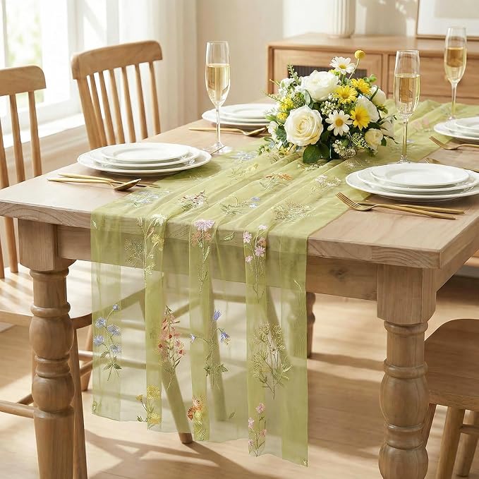 Artoid Mode Wildflower Floral Fern Green Gauze Embroidery Table Runner 120 Inch - Image 2