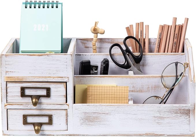 Distressed Rustic Wooden Office Desktop Organizer Shelf Tabletop Home Organizer - Image 4