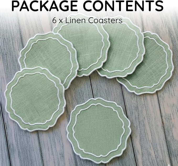 Linen Coasters for Drinks, 4.5 inch, Kiwi | Absorbent Linen Drink Mats - Image 2