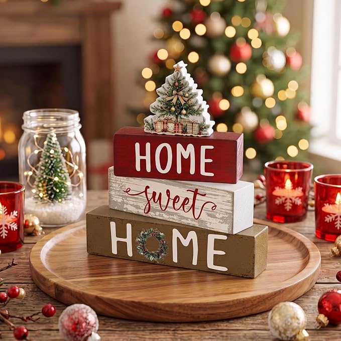 Cinnvoice 4 Pcs Red Christmas Tree Wooden Block Decor Winter Farmhouse Tiered - Image 3