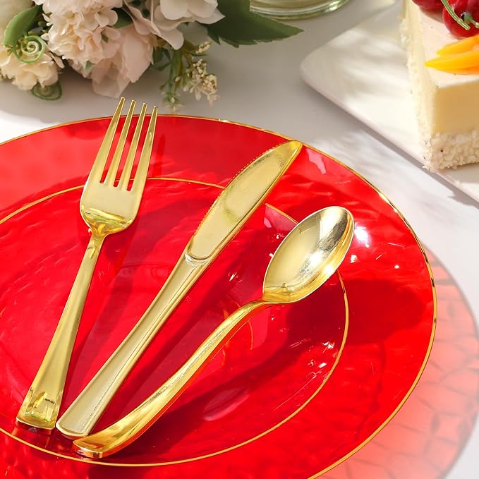 150 Pcs Red Plastic Dinnerware Set, Disposable Plates - Image 8