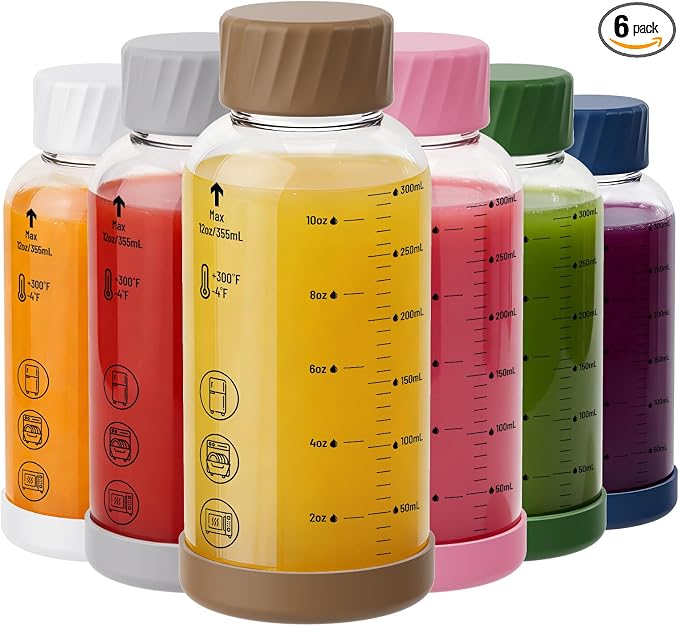 12 oz Glass Juice Bottles 6 Pack, Leakproof Borosilicate Glass Bottles | by Sursip%C2%AE