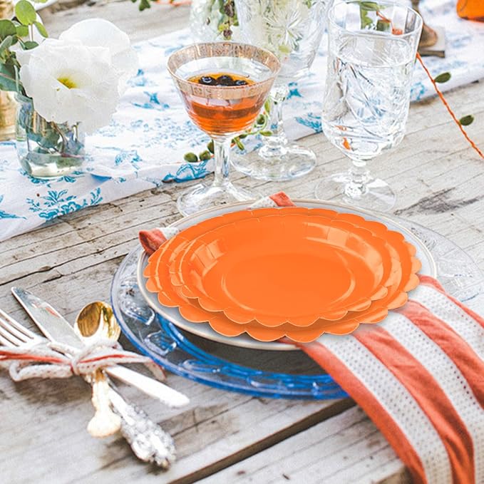 50 Pcs Orange Scalloped Paper Plates 25 × 7'' and 25 × 9'' Disposable Orange - Image 7