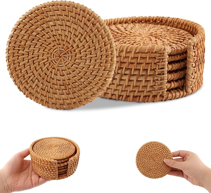 Rattan Coasters Set of 6 with Holder, 3.94 Inch Handwoven Coasters | Natural - Image 4