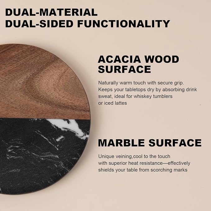 Marble Coasters: 4-Piece Set of Acacia Wood Marble Coasters, Suitable - Image 2