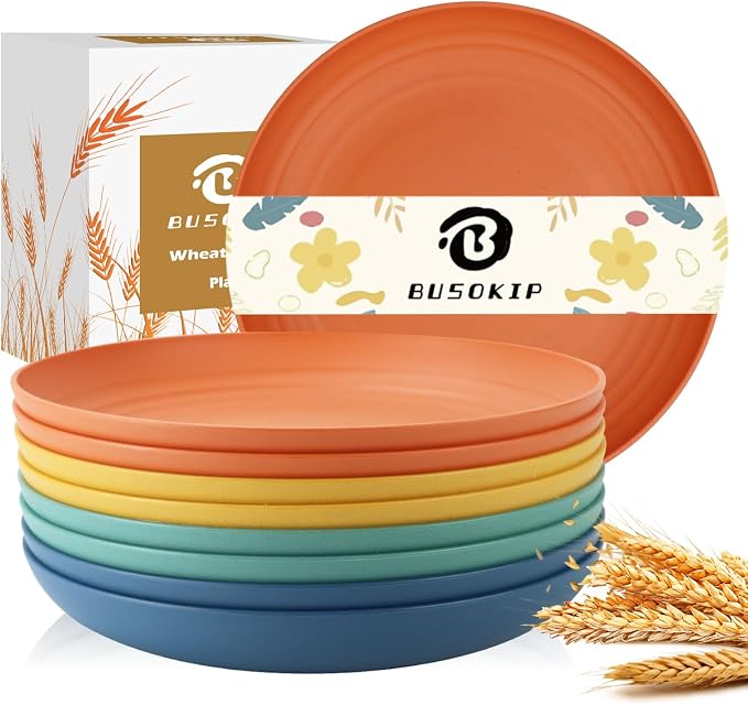 Wheat Straw Plate 9 Inch, Deep Dinner Plates Set of 8, Unbreakable Plastic by BUSOKIP