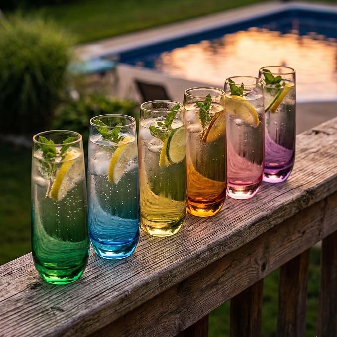 ColoVie Stemless Champagne Flutes set of 6, Colored Bar Glassware, Cocktail | - Image 8