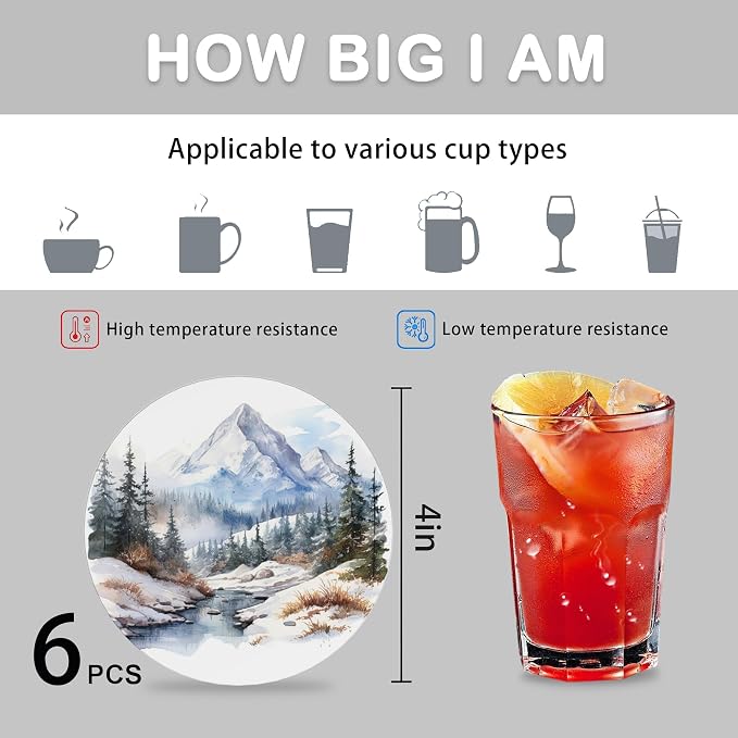 6 Pcs Drink Coasters with Holder, Mountain Landscape Watercolor Absorbent Round - Image 4