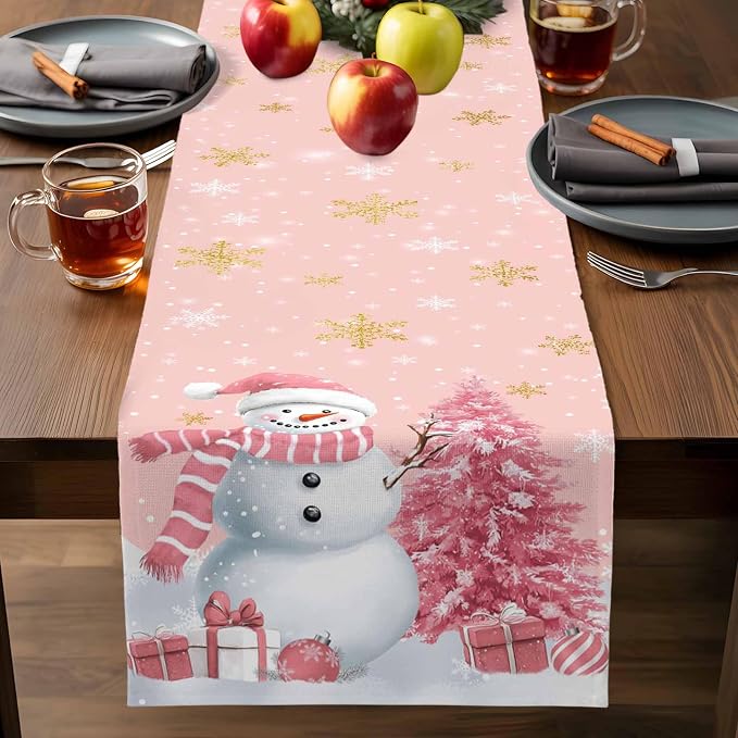 Pink Christmas Snowman Short Table Runners 36 Inches, Cotton Linen Fabric - Image 7