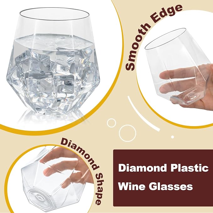 Goodluck 40 PCS 12oz Diamond Stemless Clear Plastic Wine Whiskey Glasses | - Image 3