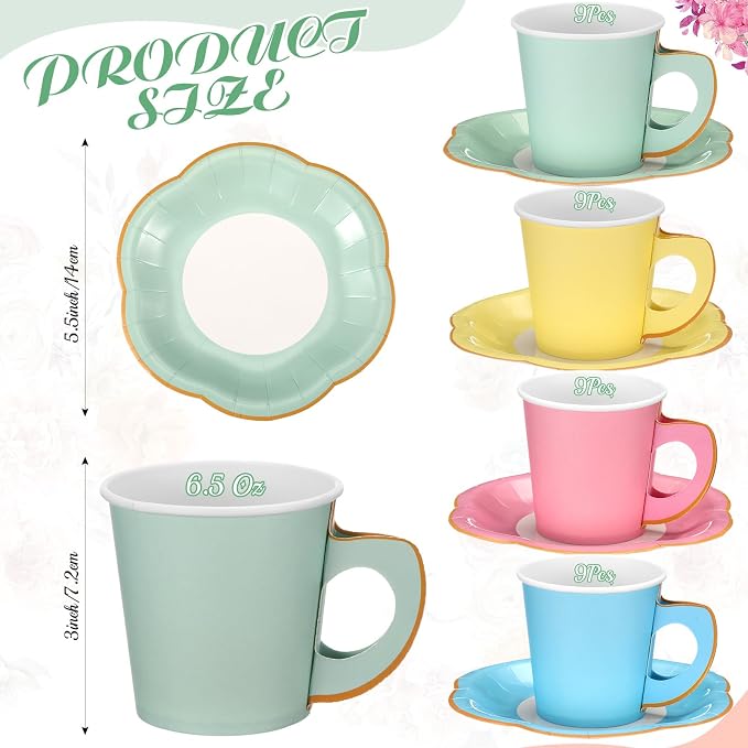 Umigy 36 Sets Pastel Tea Party Decorations 6.5 oz Paper Teacups & Saucer Set - Image 2