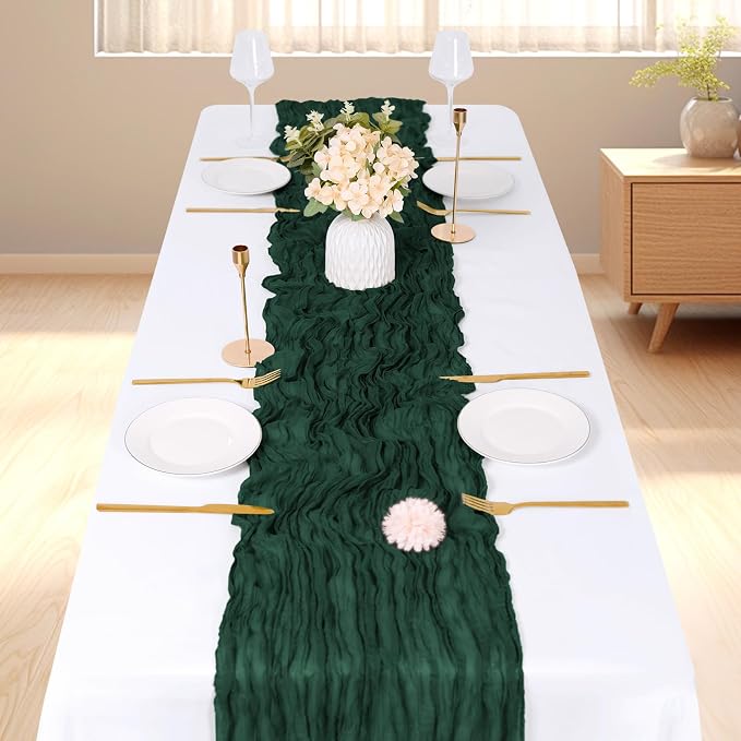 3 Pack Emerald Green Cheesecloth Table Runner, 17 x 108 inch, Semi Sheer Boho - Image 2
