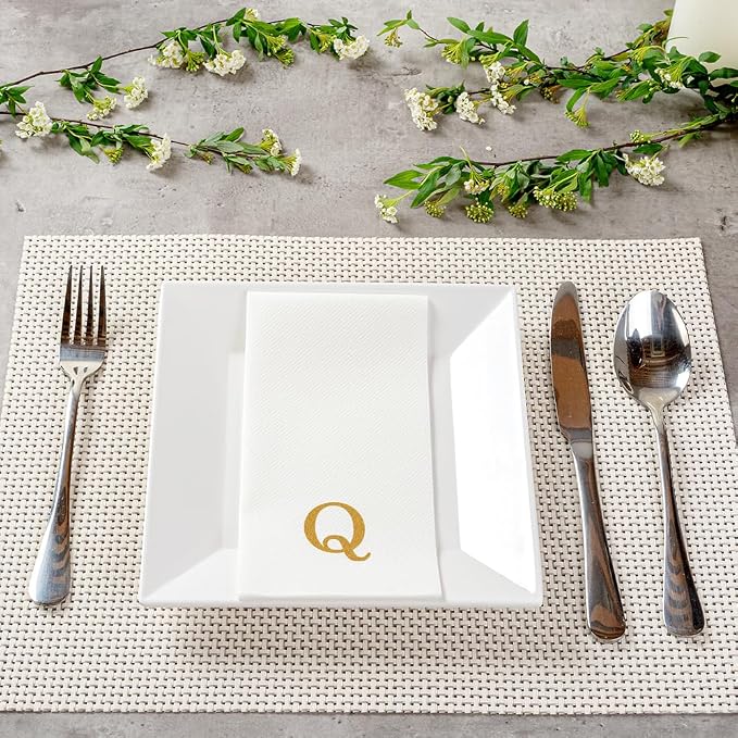 Restaurantware Paper Napkins Pack of 2000 Gold Letter Q Linen-Feel Disposable - Image 4
