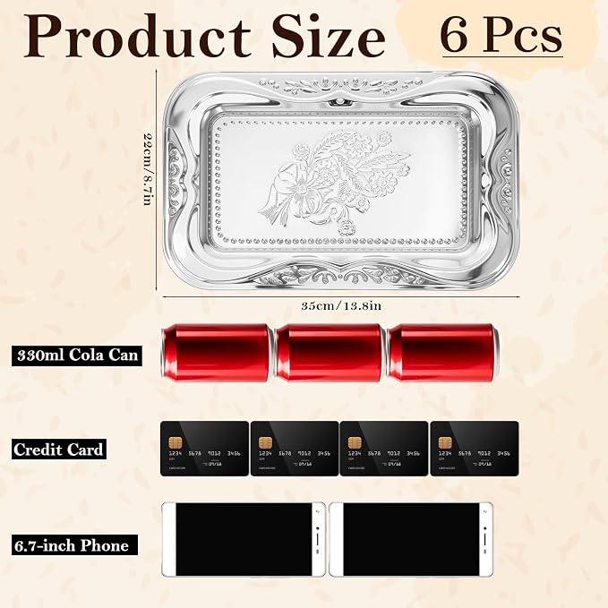 6 Packs Silver Serving Trays, 13.8" x 8.7" Bow Floral Engraved Mirror - Image 2