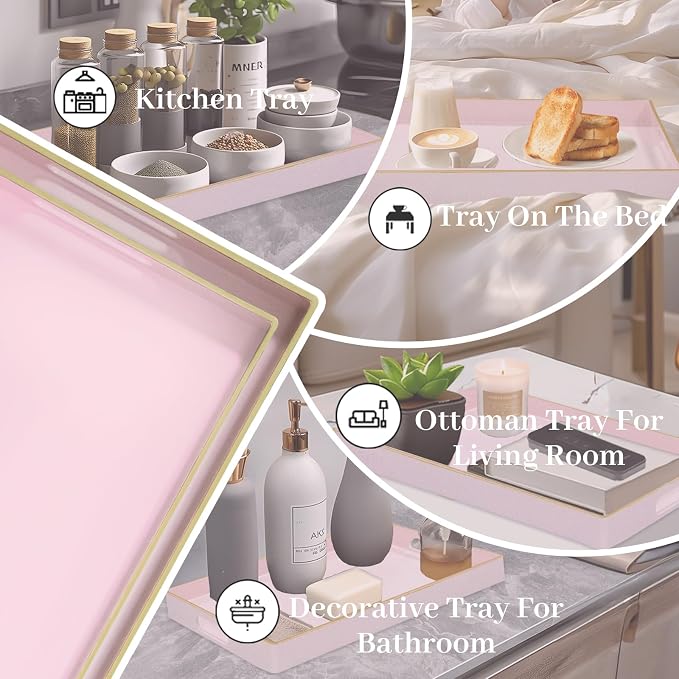 Pink Serving Tray with Handles, Plastic Decorative Tray Set of 2 | Pink - Image 7