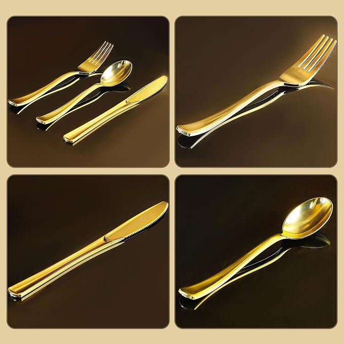Zcaukya 200 Pieces Gold Plastic Silverware Set | Disposable Cutlery, 100 Forks - Image 4