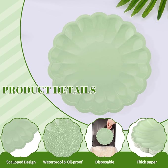 30 Pcs Sage Green Paper Plates 7.5 Inch Shell Edge Plates Disposable | Green - Image 3