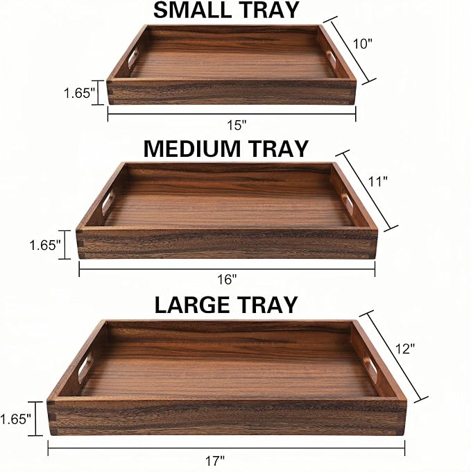 Acacia Wood Tray Set of 3, Stackable Serving Trays - Image 3
