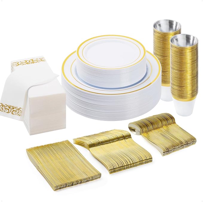 BESTVIP 175 PCS Disposable White and Gold Plastic Plates by Bestvip
