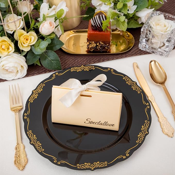 DaYammi 60PCS Black and Gold Plastic Plates, Heavy Duty Black and Gold - Image 2