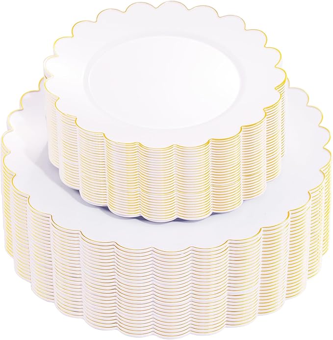 100Pcs White Gold Scalloped Plastic Dinner Plates Set by supernal