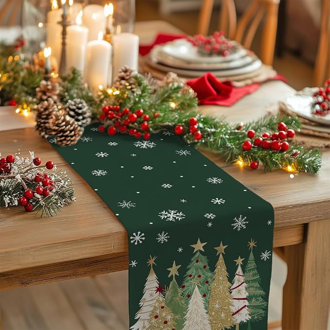 Christmas Table Runner 13x48 Inch, Xmas Trees Snowflakes Holiday Decorative - Image 2