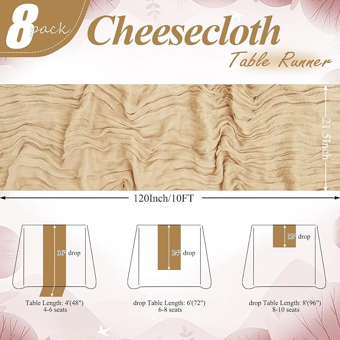 8 Pack Beige Cheesecloth Table Runner 10FT Long Boho Gauze Fabric Table Runner - Image 2