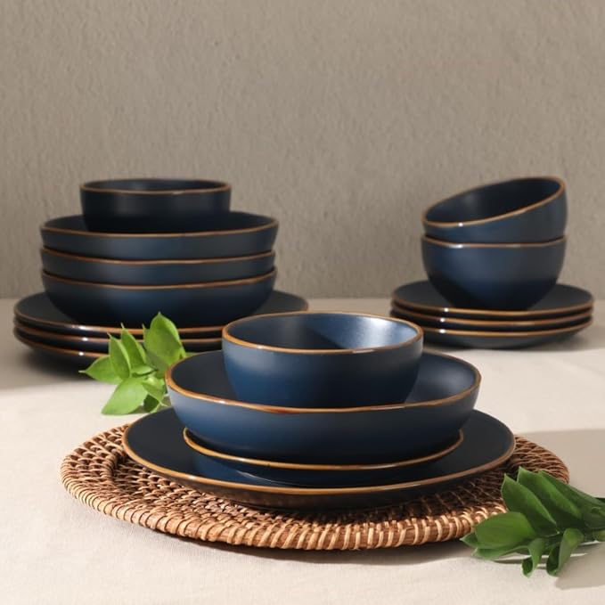 Gibson Home Hazeltine 16-Piece Navy Blue Stoneware Dinnerware Set – Plates and - Image 3