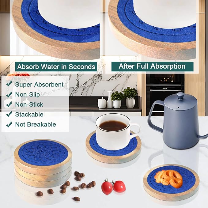 5 Pack Wood Coasters for Drinks, Minacun Absorbent Coaster Set, Drinks Coasters - Image 2