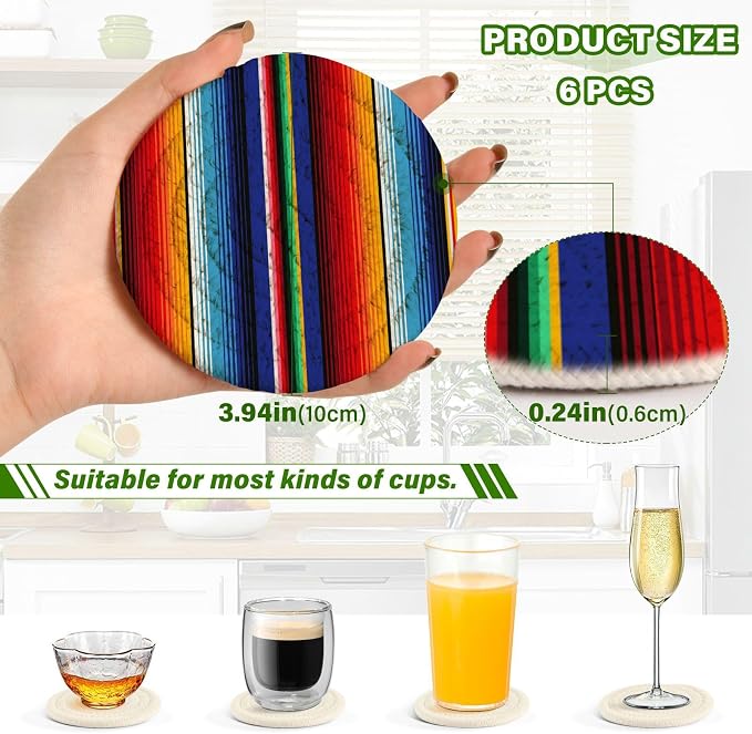 YETTASBIN Mexican Blanket Stripes 6 Pcs Drink Coasters - Image 3