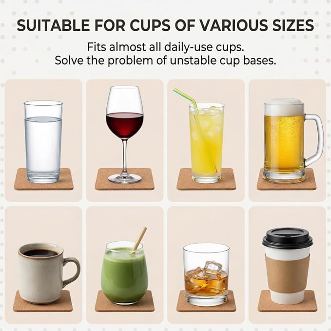 Tebery 30 Pack 4 Inch Square Cork Coasters, 0.2'' Thick Absorbent Drink Pads - Image 4