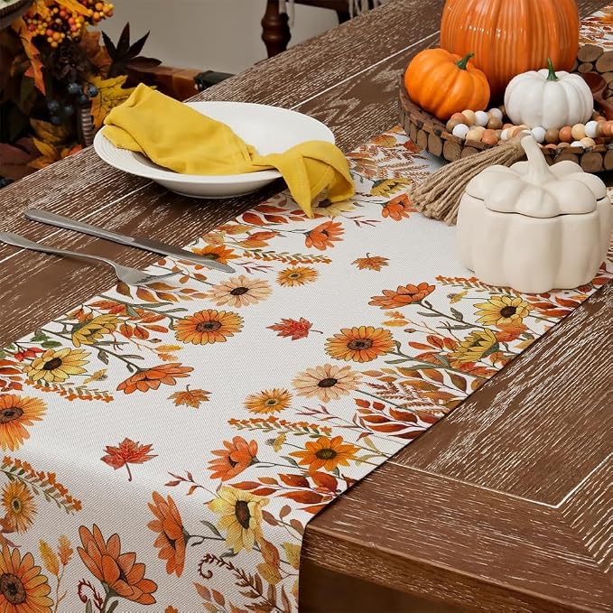 Fall Pumpkins and Sunflowers Table Runner 13x60 Inch, Maple Leaves Farmhouse - Image 3