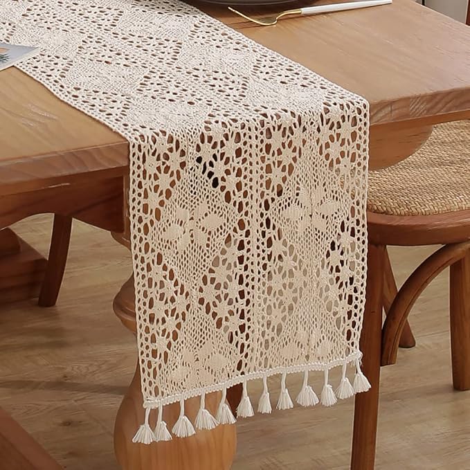 meioro Crochet Lace Table Runner, 12x72 Inch Boho Cotton Table Runners by meioro