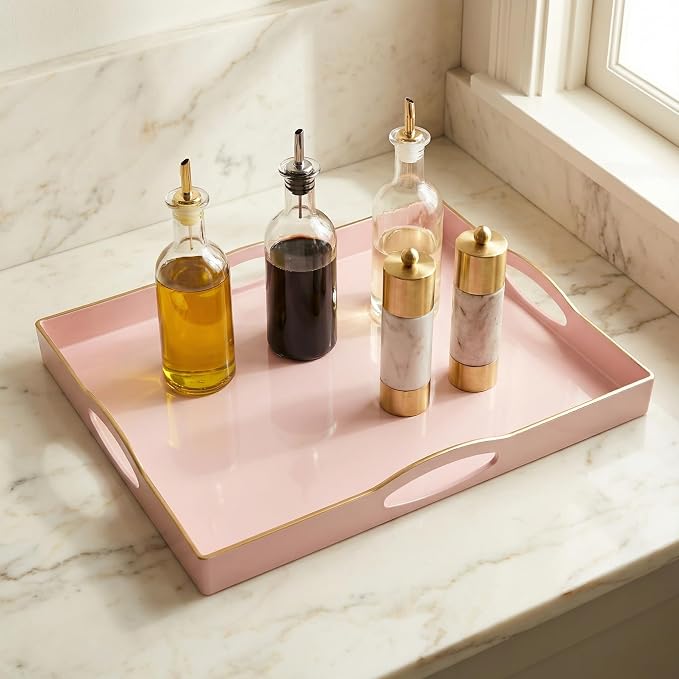 Pink Serving Tray with 4 Handles, Plastic Decorative Tray - Image 6
