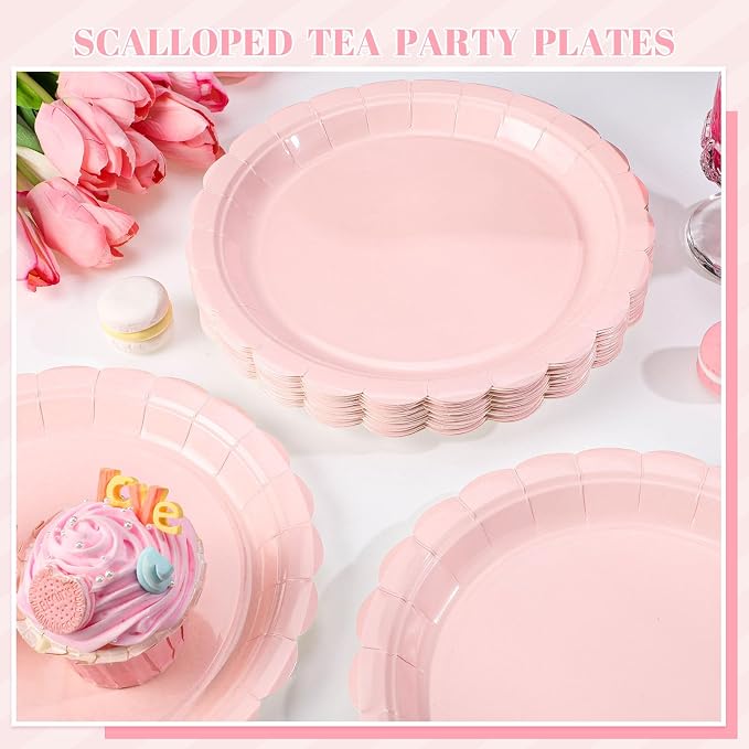 NatNarr 30 Pk Pink Paper Plates 9" Disposable Scalloped Pink Birthday Plate | - Image 5