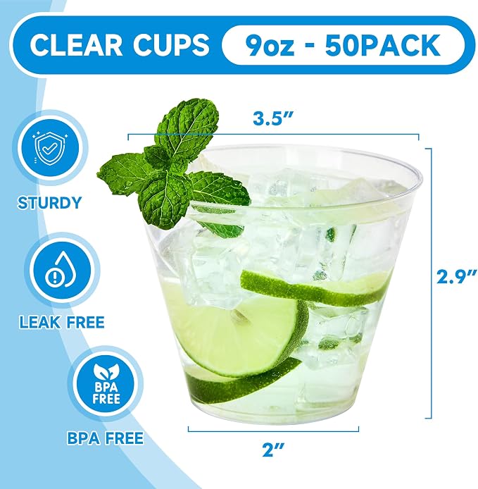 RACETOP 9 oz 50 packs Clear Disposable Plastic Cups, Durable Plastic Cups - Image 2