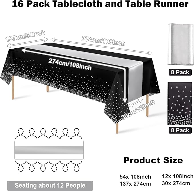 16Pack Disposable Plastic Tablecloths and Satin Table Runner Set Black and - Image 2