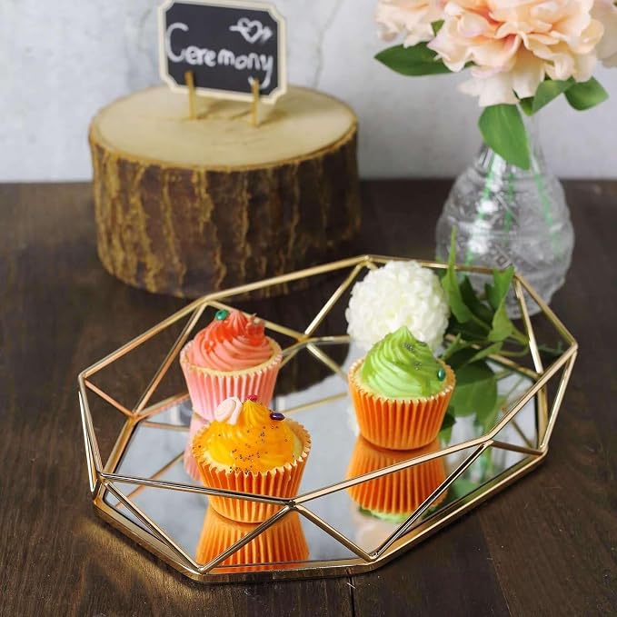 Efavormart 14" x 9" Gold Metal Geometric Serving Tray | Octagon Mirror Tray - Image 4