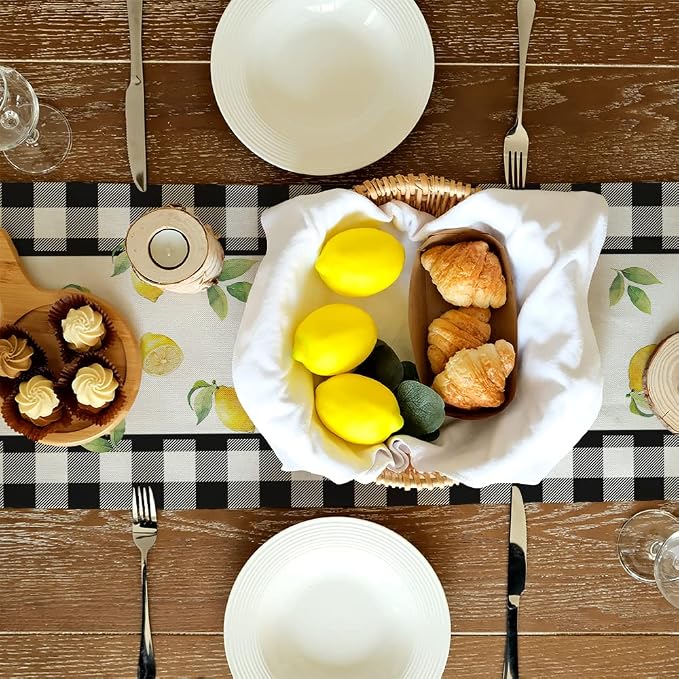 Black Buffalo Check Summer Table Runner 13 x 90 Inch, Lemon Vase Spring - Image 5