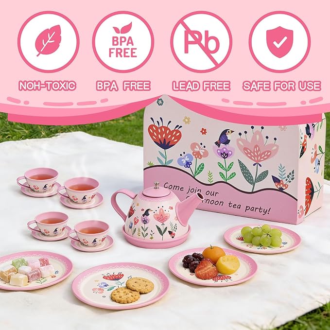 Tea Party Set for Little Girls, Pretend Tin Teapot Set - Image 4
