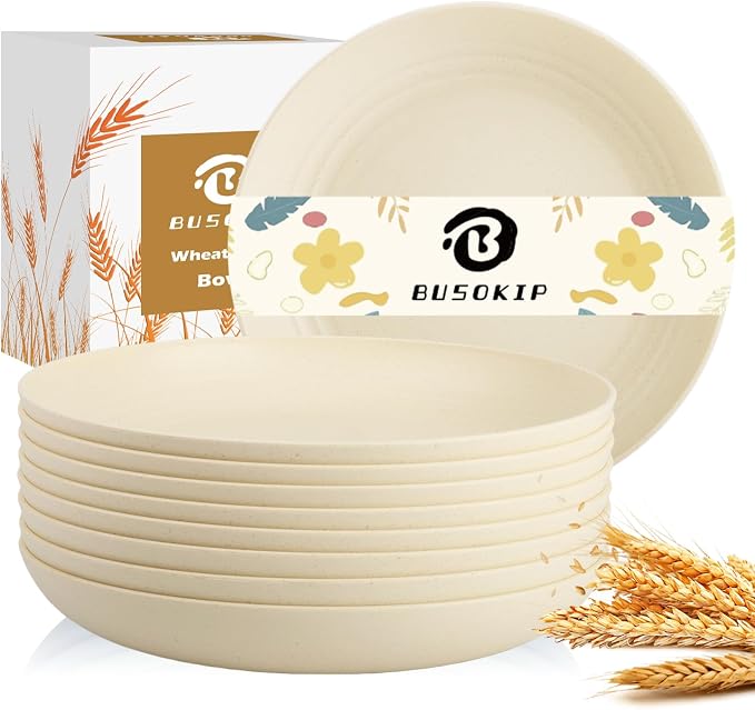 Deep Dinner Plates Set of 8, Wheat Straw Plate 9 Inch, Lightweight and by BUSOKIP