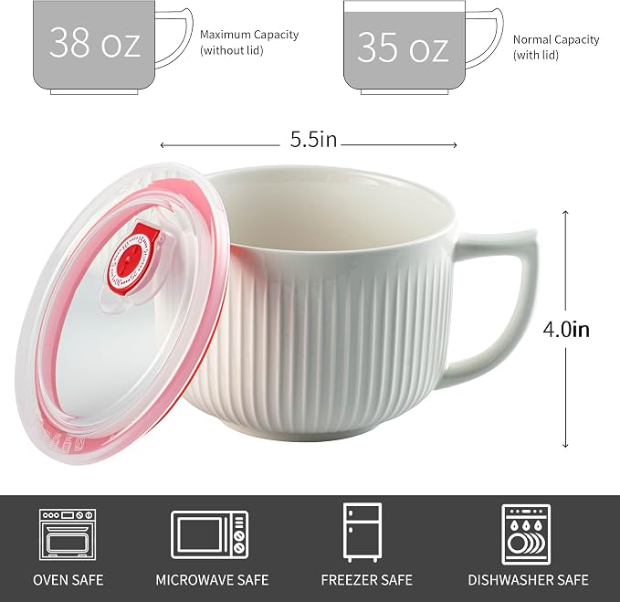 Ceramic Soup Bowl with Handle&Lid, Jumbo 38oz Microwave Ramen Bowl Set of 2 | - Image 3