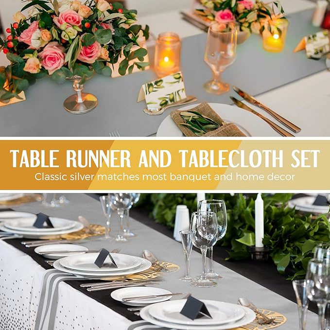 24 Packs White and Silver Disposable Plastic Tablecloths and Satin Table Runner - Image 5