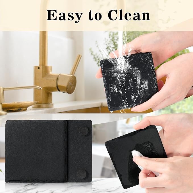 Slate Drink Coasters with Holder, 4 Inch 12 Pieces Square Rustic Coasters Black - Image 8